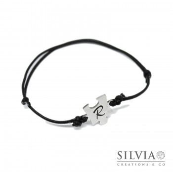 Bracciale cordino cerato ciondolo puzzle acciaio con incisione lettera iniziale