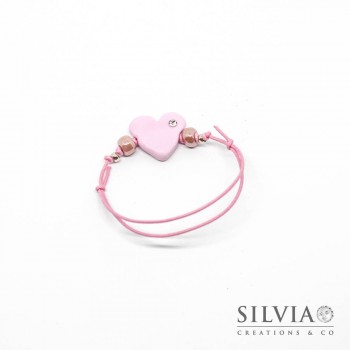 Bracciale cordino cerato con cuore rosa
