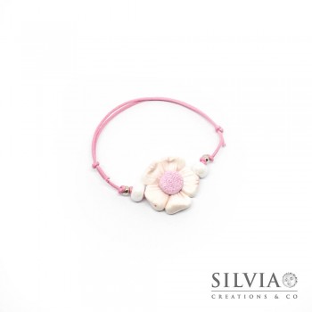 Bracciale cordino cerato con fiore bianco e rosa