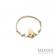 Bracciale cordino cerato con musetto coniglio beige