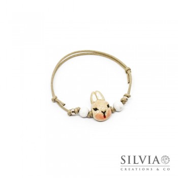 Bracciale cordino cerato con musetto coniglio beige