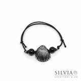 Bracciale cordino cerato con conchiglia nera e argento