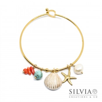 Bracciale bangle in acciaio color oro con conchiglia stella marina turchese e perla