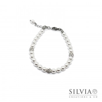 Bracciale con perle Swarovski Elements bianche da 6 mm e perle pavè