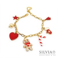 Bracciale catena acciaio dorata con omino pan di zenzero e charms natalizi
