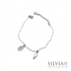 Bracciale catena acciaio con cristalli bianchi medaglietta Madonna e perla