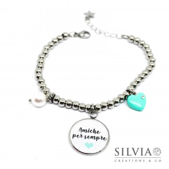 Bracciale con perle acciaio da 5mm ciondolo Amiche per sempre