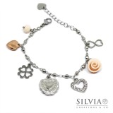 Bracciale catena acciaio con charms cuori amore rosa