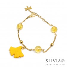 Bracciale catenina in acciaio color oro con foglia di ginkgo biloba