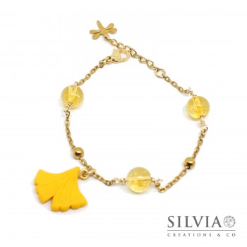 Bracciale catenina in acciaio color oro con foglia di ginkgo biloba