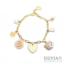 Bracciale catena acciaio dorata con muso di orsetto e charms natalizi