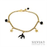 Bracciale con ciondolo rondine nera stelle e cristalli
