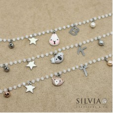 Bracciale catena acciaio cristalli bianchi muso di orsetto koala o coniglio e charms