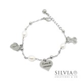 Bracciale catena acciaio perle ciondolo cuore di mamma inciso e charms