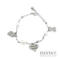 Bracciale catena acciaio perle ciondolo cuore di mamma inciso e charms