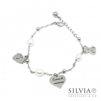 Bracciale catena acciaio perle ciondolo cuore di mamma inciso e charms