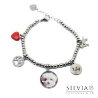 Bracciale palline acciaio personalizzato con fotografia cane o gatto o coniglio