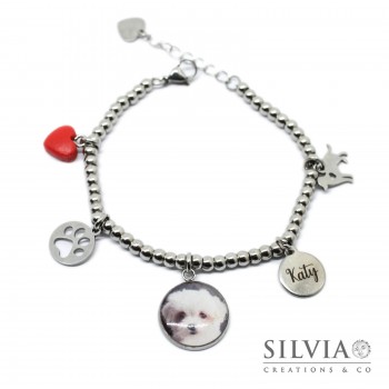 Bracciale palline acciaio personalizzato con fotografia cane o gatto o coniglio