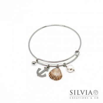 Bracciale bangle in acciaio con conchiglia e ancora
