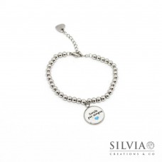 Bracciale con perle acciaio da 5mm ciondolo "Sorelle per sempre"