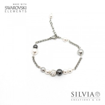 Bracciale con perle Swarovski Elements color bianco e grigio catena acciaio