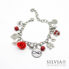 Bracciale acciaio a tema amore con charms, perle e disco per incisione