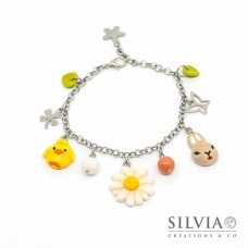 Bracciale primaverile catena acciaio con coniglio pulcino e margherita