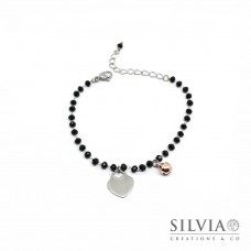 Bracciale catena acciaio con cristalli neri cuore e campanellino
