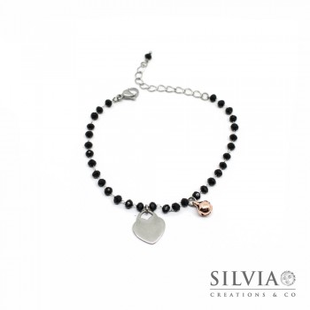 Bracciale catena acciaio con cristalli neri cuore e campanellino