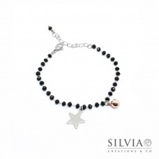 Bracciale catena acciaio con cristalli neri stella e campanellino