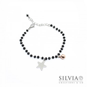 Bracciale catena acciaio con cristalli neri stella e campanellino