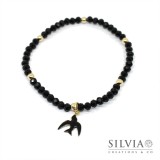 Bracciale elastico con ciondolo rondine nera e cristalli