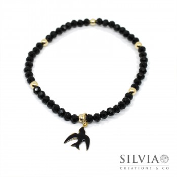 Bracciale elastico con ciondolo rondine nera e cristalli