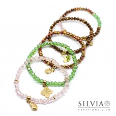 Bracciale elastico cristallini 6mm rosa verdi o marroni charm dorato Bracciale elastico cristallini 6mm rosa verdi o marroni charm dorato