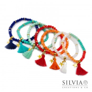 Bracciale elastico con cristalli colorati da 6mm e nappina
