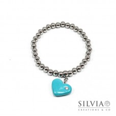 Bracciale perle acciaio con cuore azzurro e strass