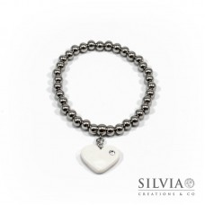 Bracciale perle acciaio con cuore bianco e strass
