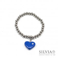 Bracciale perle acciaio con cuore blu e strass