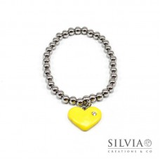 Bracciale perle acciaio con cuore giallo e strass
