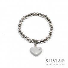Bracciale perle acciaio con cuore grigio e strass