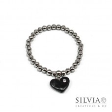 Bracciale perle acciaio con cuore nero e strass