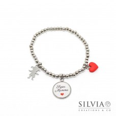 Bracciale elastico perle acciaio con frase "Super Mamma" cuore rosso e bambina