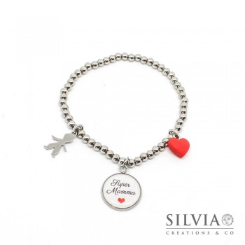 Bracciale elastico perle acciaio con frase "Super Mamma" cuore rosso e bambino