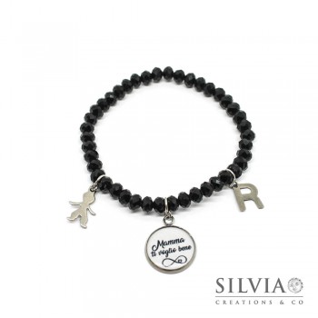 Bracciale elastico cristalli neri ciondolo con scritta "Mamma ti voglio bene" simbolo infinito e charms