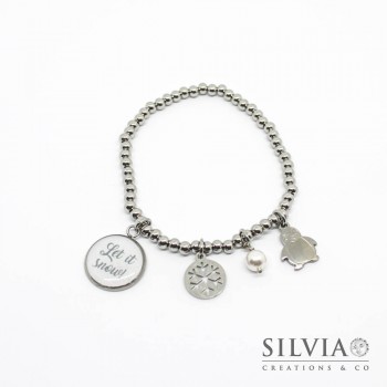 Bracciale elastico con perle acciaio pinguino e fiocco di neve