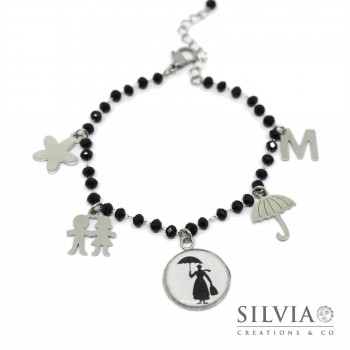 Bracciale catena acciaio e cristalli neri Mary Poppins inspired con charms