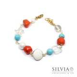 Bracciale con perle turchese corallo e conchiglia bianca