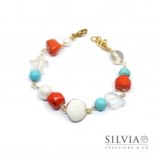Bracciale con perle turchese corallo e conchiglia bianca