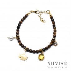 Bracciale donna con perle di occhio di tigre ciondolo ginkgo biloba e charms Bracciale donna con perle di occhio di tigre ciondolo ginkgo biloba e charms