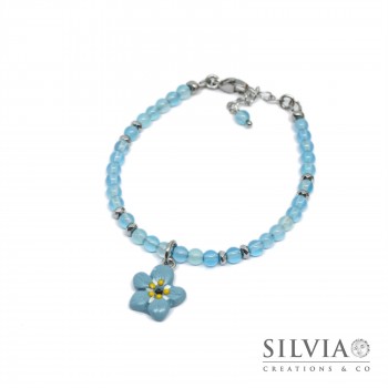 Bracciale donna con perle di agata azzurra e ciondolo fiore non ti scordar di me